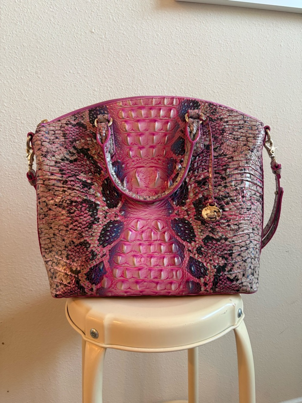 Brahmin Pink Snake-Embossed Satchel with Gold Hardware